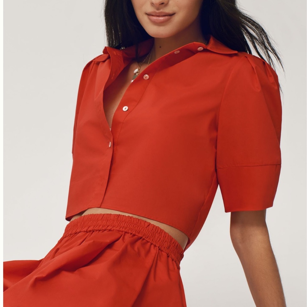 Anthropologie Lantern Sleeve Blouse Maeve Short Sleeve Collared Cropped XS Red
